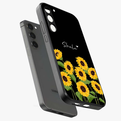Sunflower Chic Mood Custom Name Glass Case displayed in angled mockup highlighting vibrant sunflower design with custom name feature.