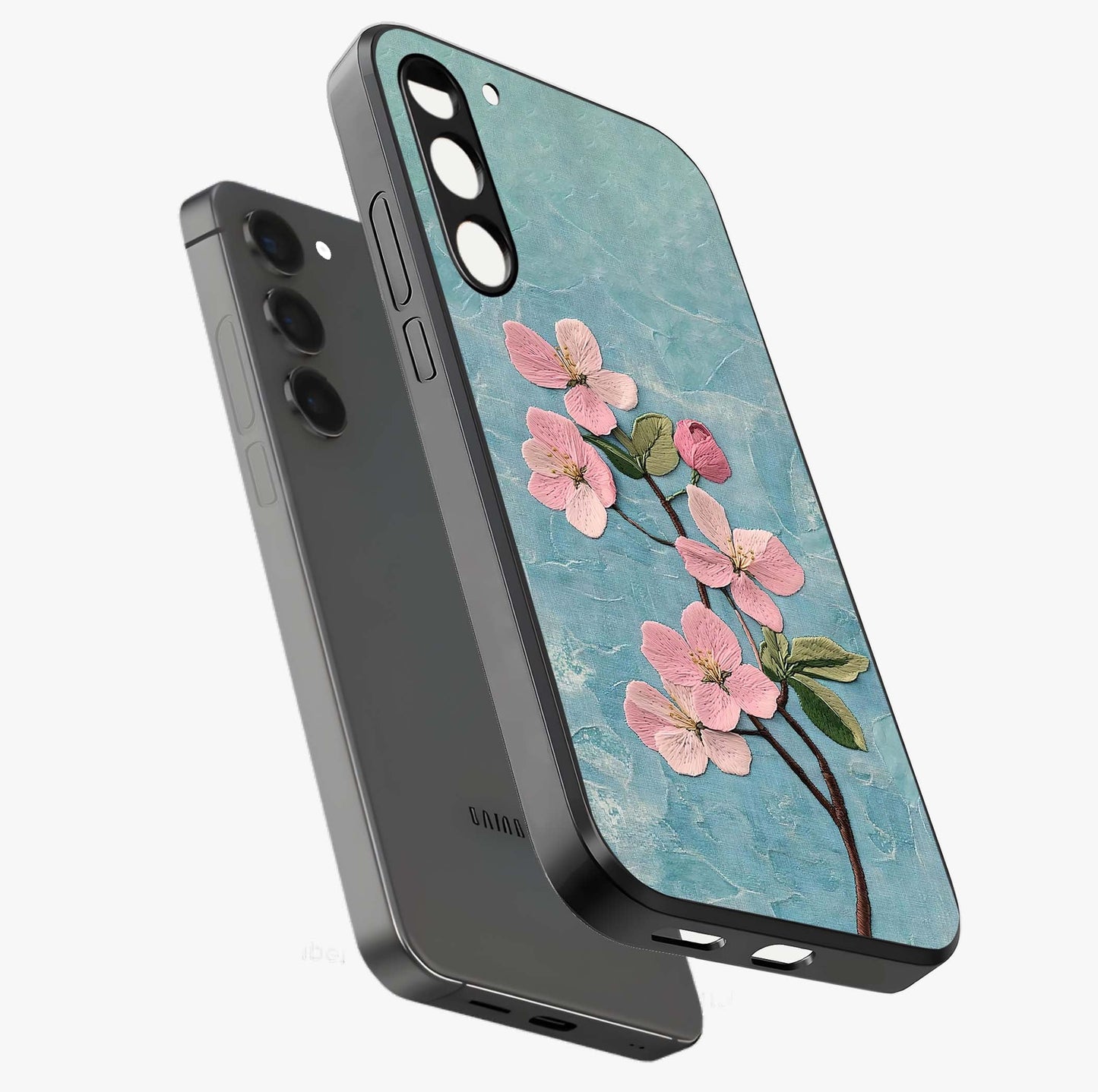 Threaded Blossom Breeze Glass Case displayed in angled mockup highlighting elegant floral design with soft aesthetic style.