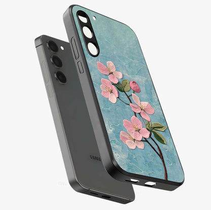 Threaded Blossom Breeze Glass Case displayed in angled mockup highlighting elegant floral design with soft aesthetic style.