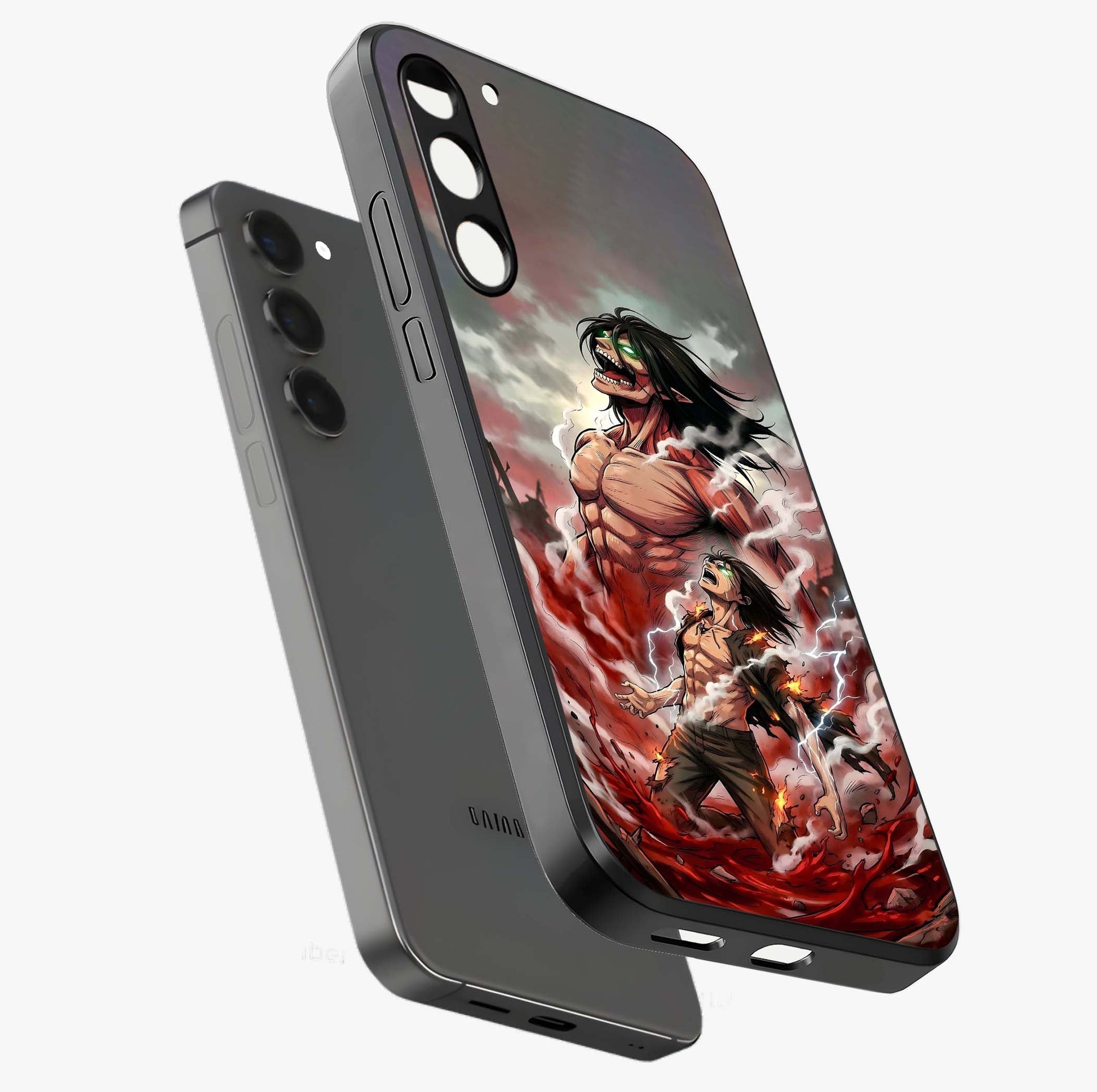 Titan Awakening Fury Glass Case displayed in angled mockup highlighting dramatic giant warrior design with bold anime aesthetic.