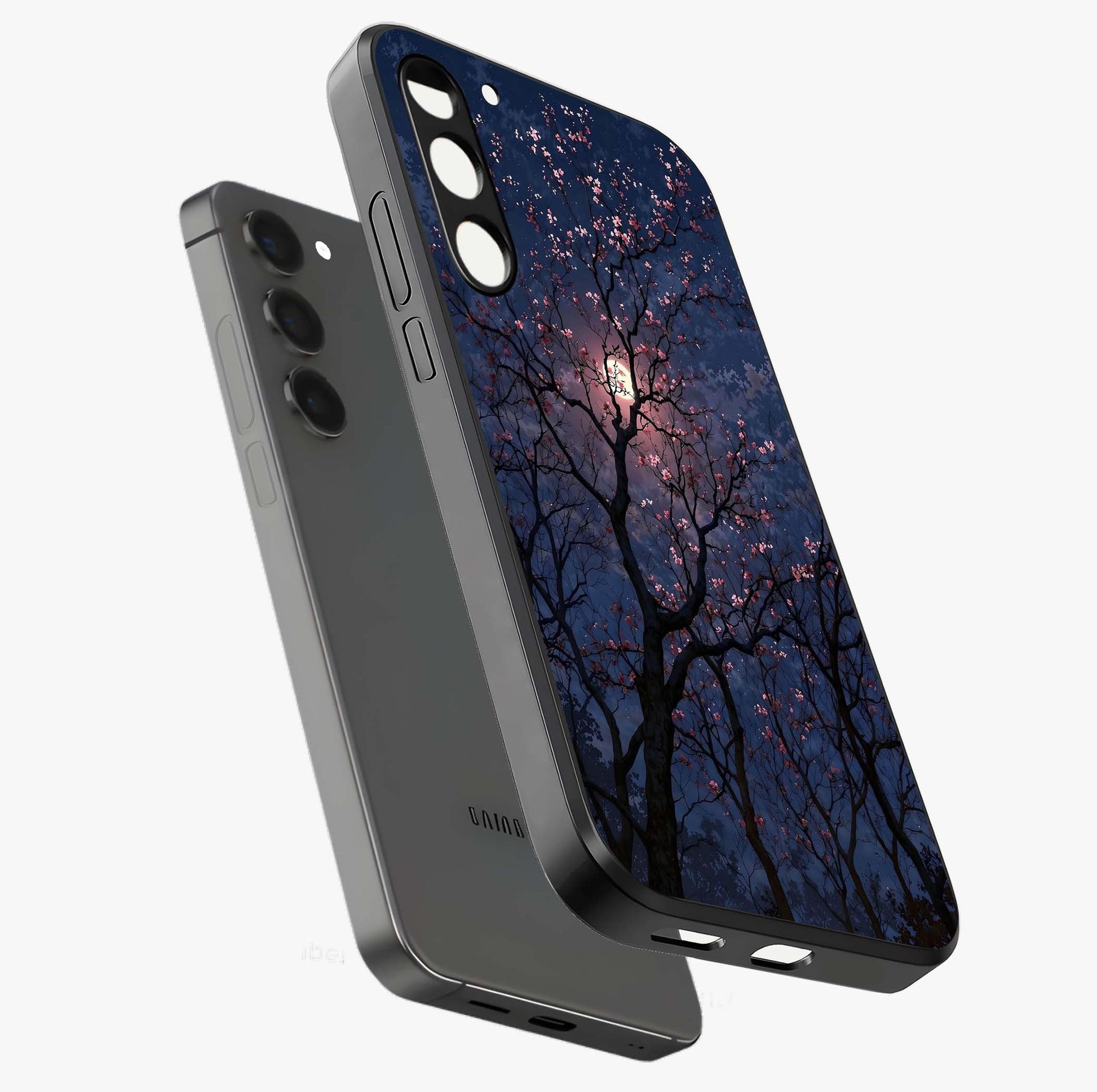 Twilight Sakura Serenade Glass Case displayed in angled mockup highlighting delicate sakura flower design with dreamy aesthetic.