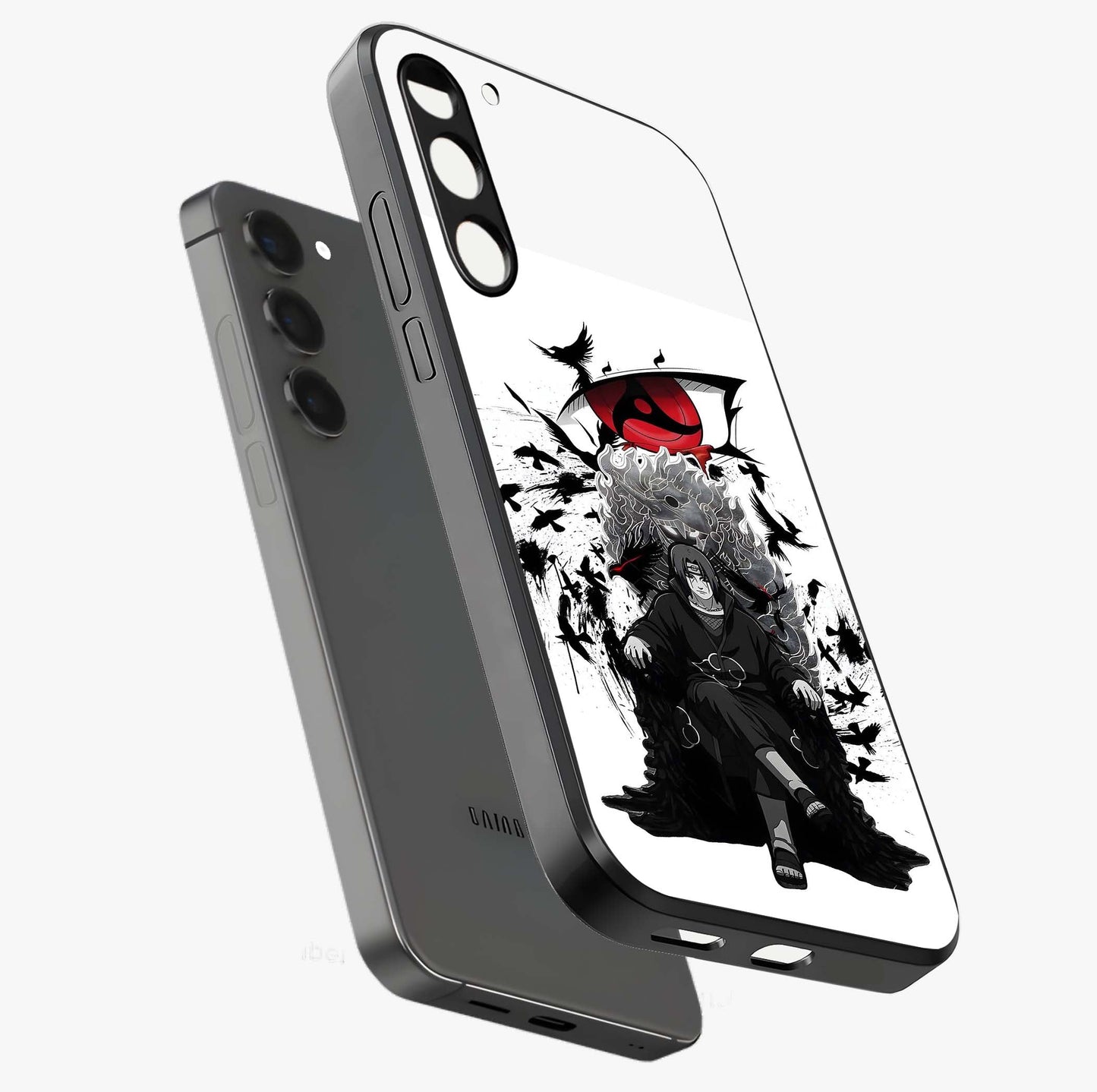 Uchiha Shadow Throne Glass Case displayed in angled mockup highlighting glowing aquatic design with celestial aesthetic.