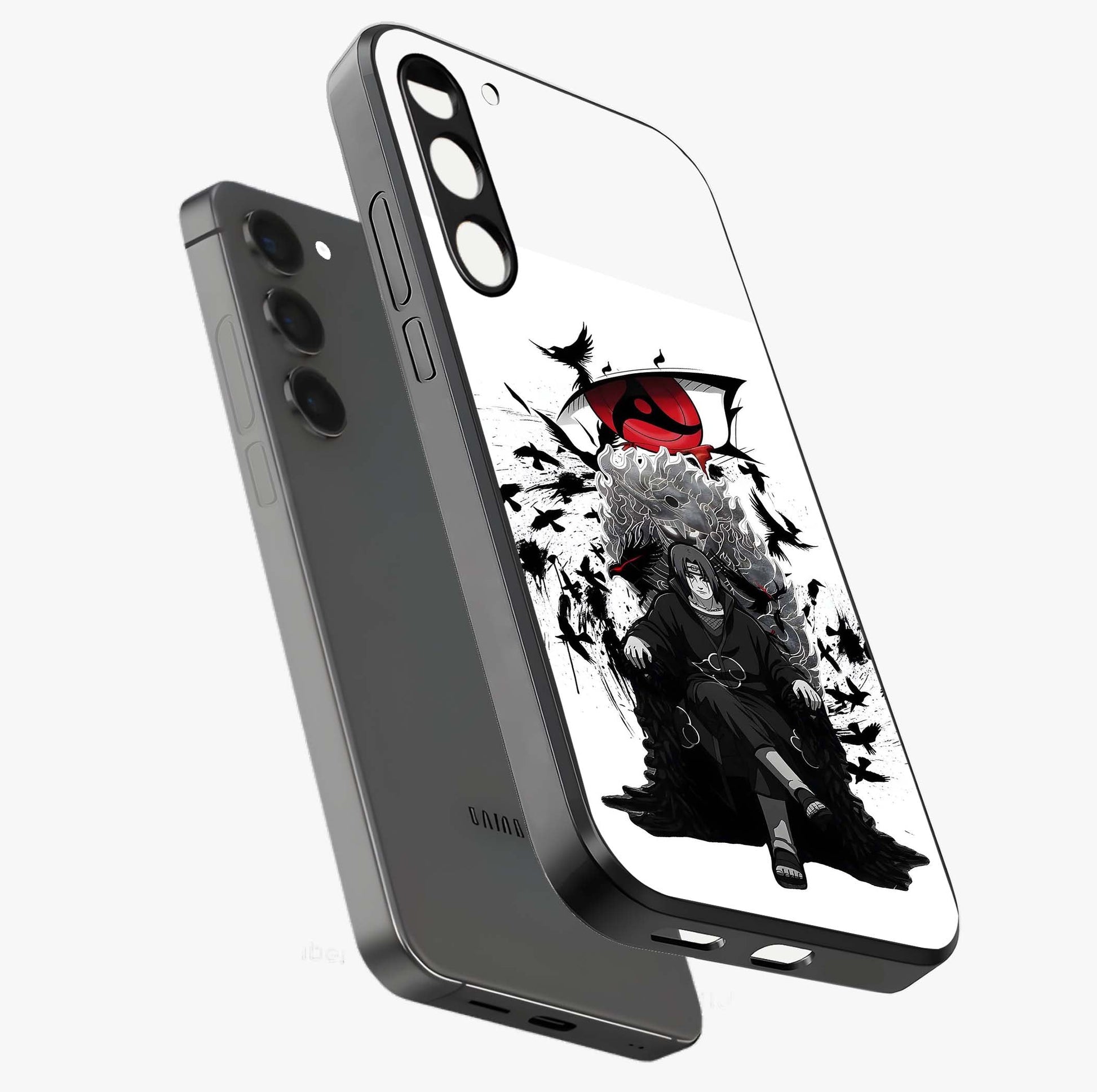 Uchiha Shadow Throne Glass Case displayed in angled mockup highlighting glowing aquatic design with celestial aesthetic.