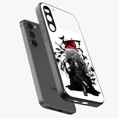 Uchiha Shadow Throne Glass Case displayed in angled mockup highlighting glowing aquatic design with celestial aesthetic.