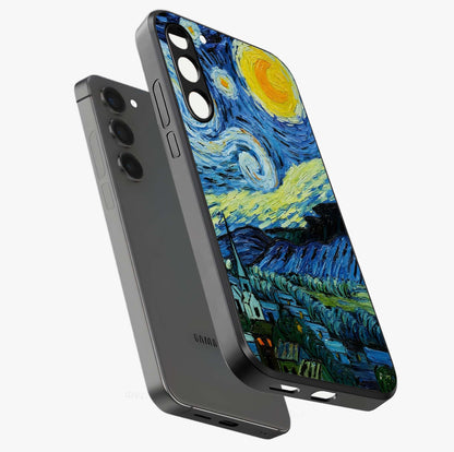 Van Gogh Art Glass Case displayed in angled mockup highlighting swirling brushstroke design with artistic aesthetic.