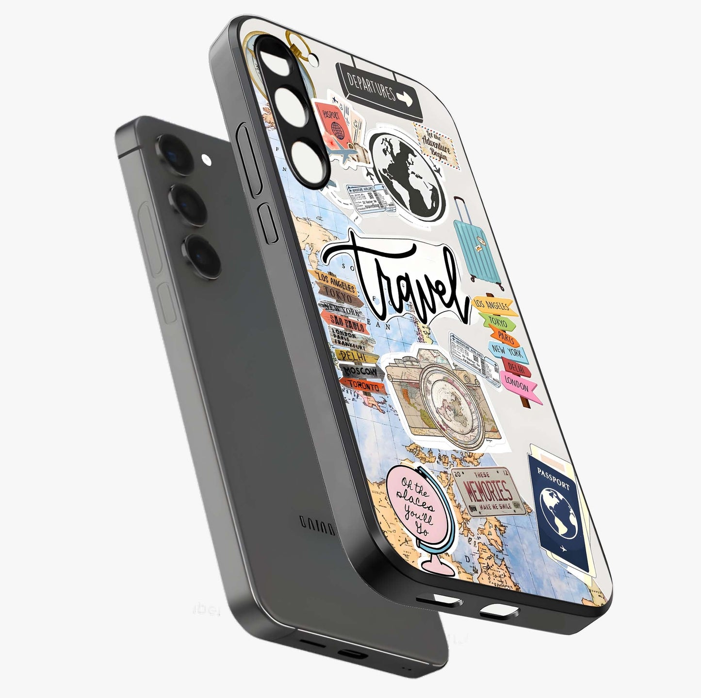 Wanderlust Journal Glass Case displayed in angled mockup highlighting adventure themed design with aesthetic travel vibe.