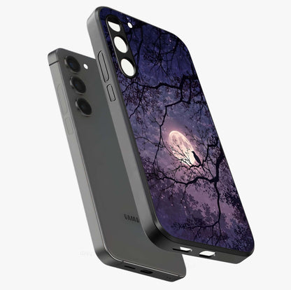 Whispering Moon Silence Glass Case displayed in angled mockup highlighting calm lunar design with dreamy night aesthetic.