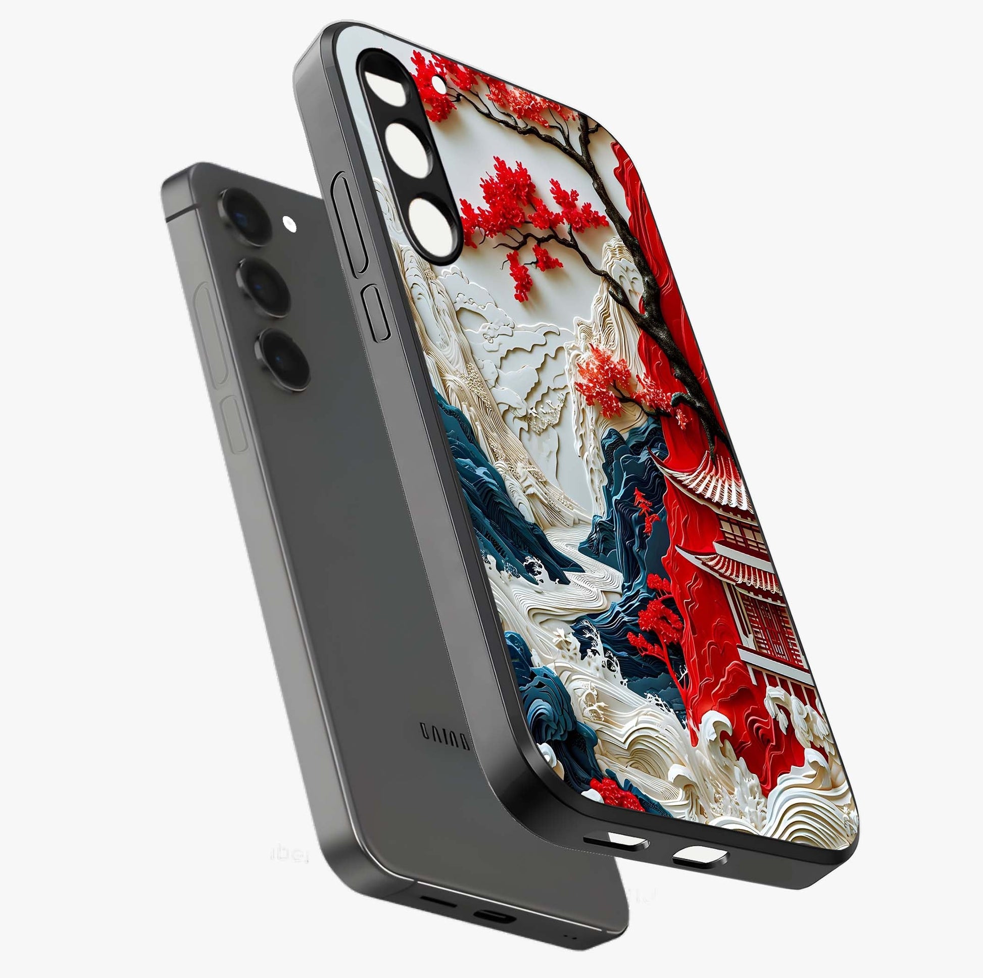 Whispers Of Sakura Waves Glass Case displayed in angled mockup highlighting flowing sakura design with soft floral aesthetic.