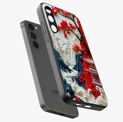 Whispers Of Sakura Waves Glass Case displayed in angled mockup highlighting flowing sakura design with soft floral aesthetic.