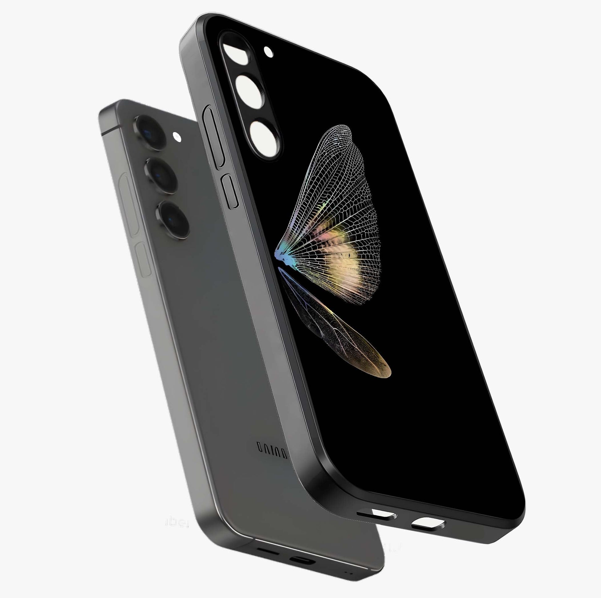 Whispers Of Wings Glass Case displayed in angled mockup highlighting soft feather design with celestial aesthetic style.
