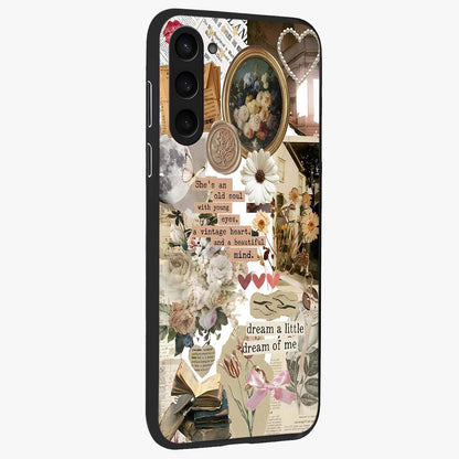Aesthetic Brown Vintage Collage Glass Case upright view showcasing nostalgic retro artwork with stylish vintage theme.