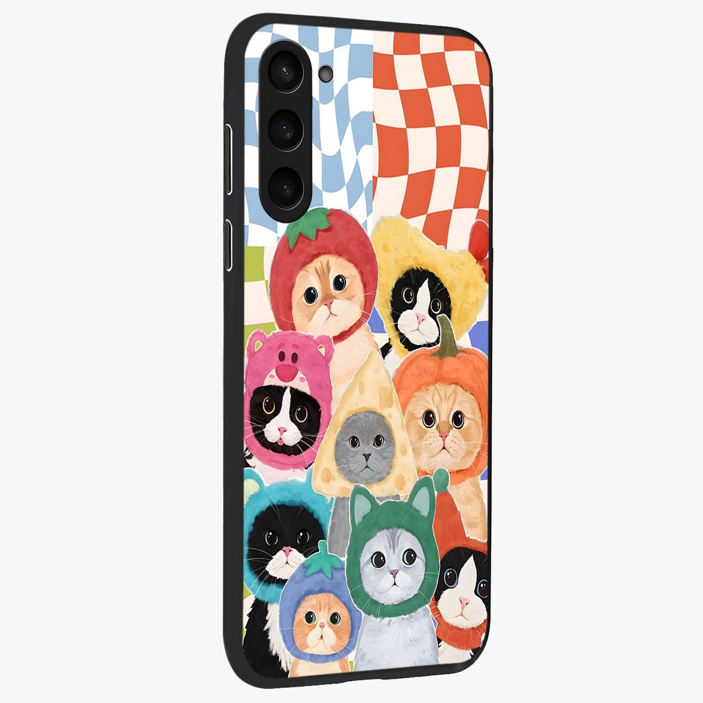 Cats in Fruits Glass Case upright view showcasing charming cat artwork with fun fruity theme.