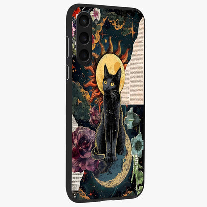 Celestial Black Cat Glass Case upright view showcasing magical black cat illustration with starry cosmic theme.