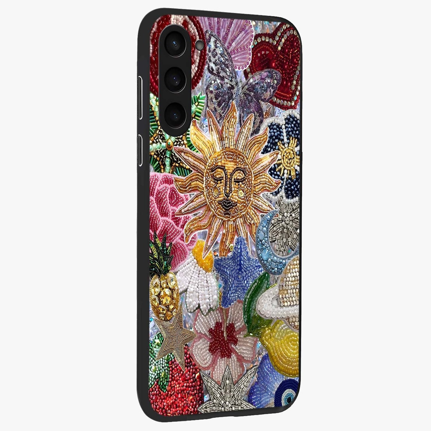 Celestial Floral and Playful Glass Case upright view showcasing whimsical floral artwork with cosmic aesthetic theme.