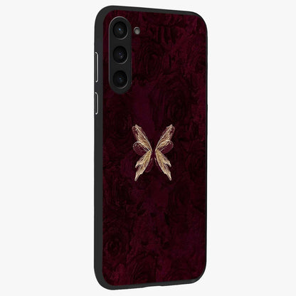 Crimson Fade Butterfly Glass Case upright view showcasing graceful butterfly artwork with soft crimson fade effect.