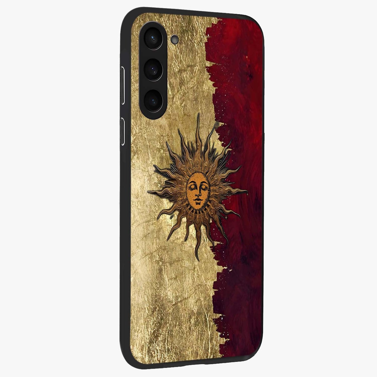 Crimson Sun Majesty Glass Case upright view showcasing vibrant sun artwork with powerful celestial theme.