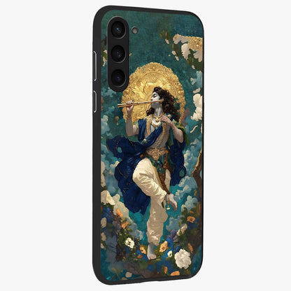 Divine Krishna Art Glass Case upright view showcasing divine Krishna artwork with sacred artistic theme.