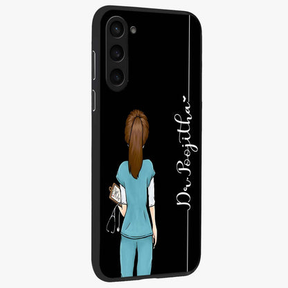 Doctor Pattern Custom Name Glass Case upright view showcasing healthcare themed design with personalized aesthetic.