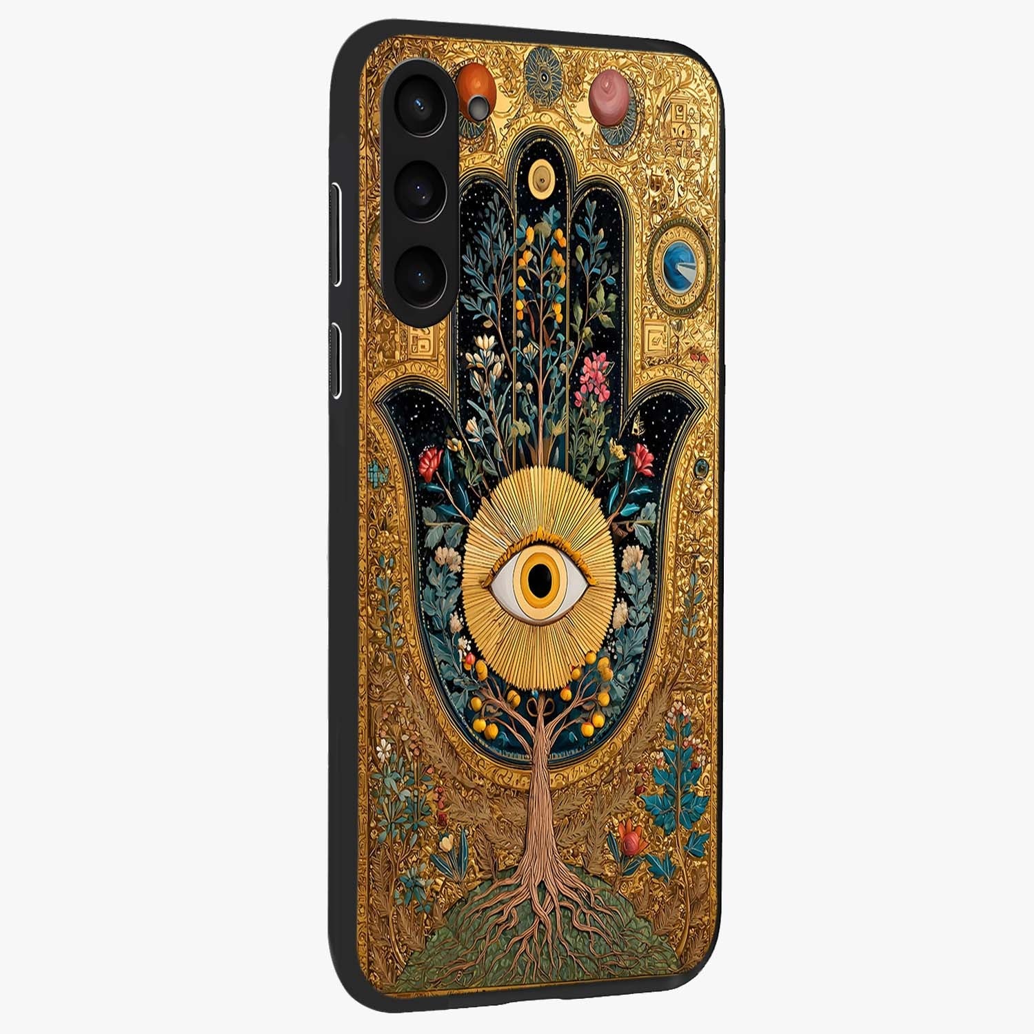 Ethereal Evil Eye Glass Case upright view showcasing celestial evil eye artwork with mystical theme.