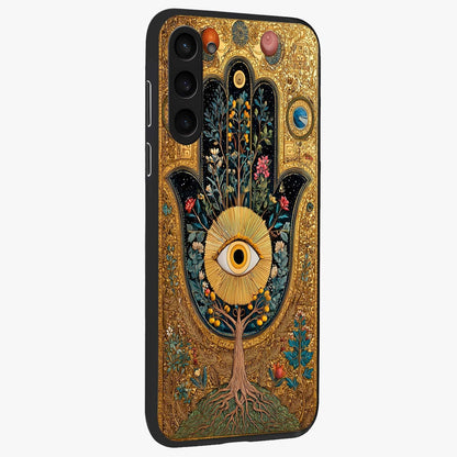 Ethereal Evil Eye Glass Case upright view showcasing celestial evil eye artwork with mystical theme.