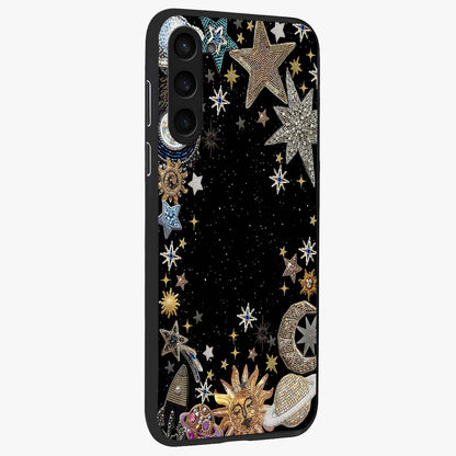 Galactic Jewel Stars Glass Case upright view showcasing glittering star jewel artwork with vibrant galaxy theme.