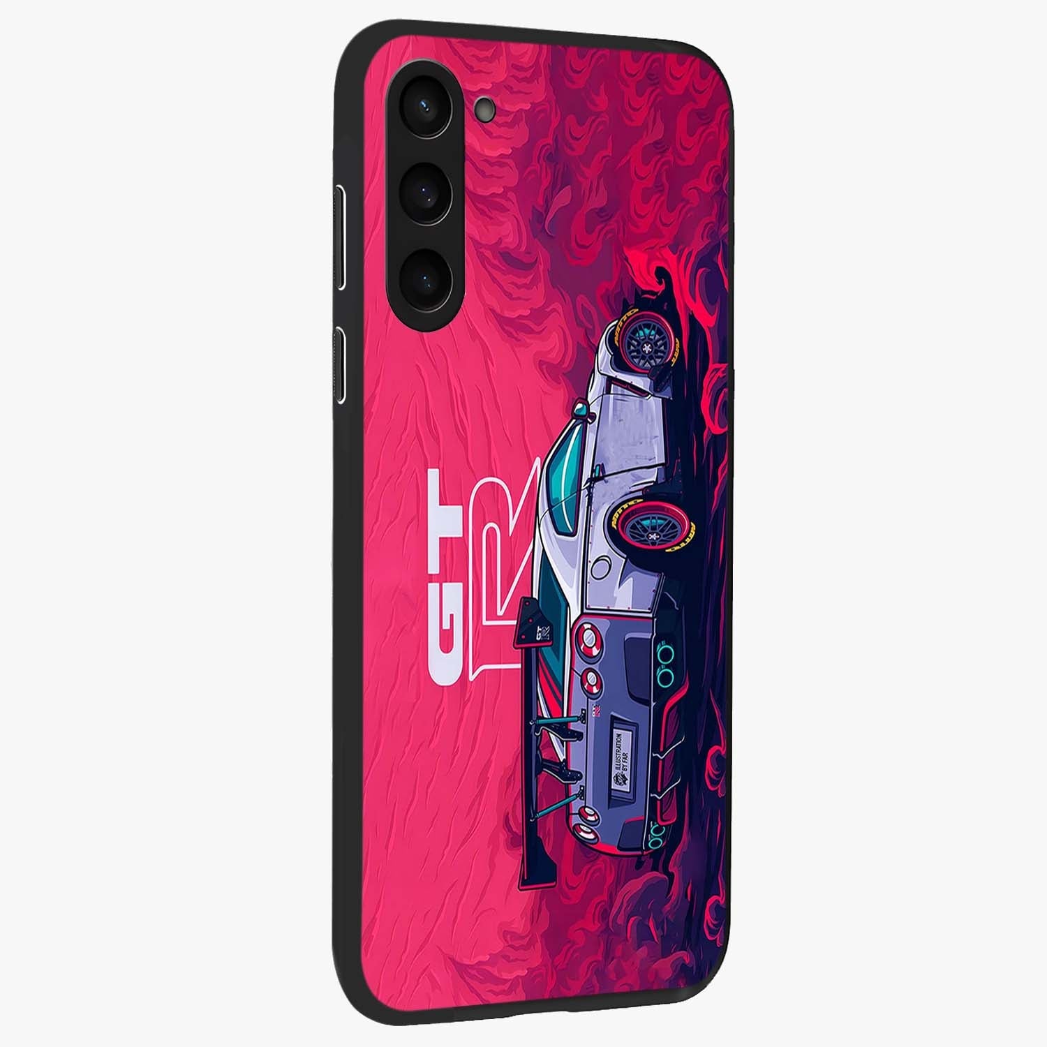 GT-R Car Pattern Glass Case upright view showcasing dynamic car pattern artwork with modern sports theme.