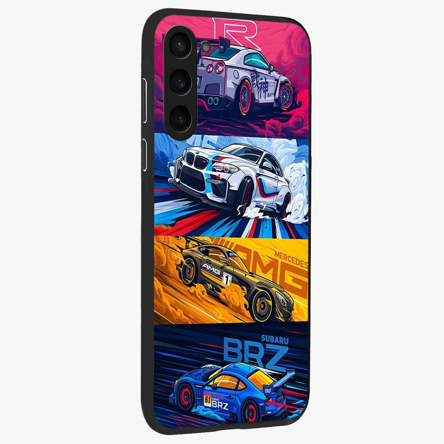 JDM Sports Car Glass Case upright view showcasing dynamic sports car artwork with bold racing theme.