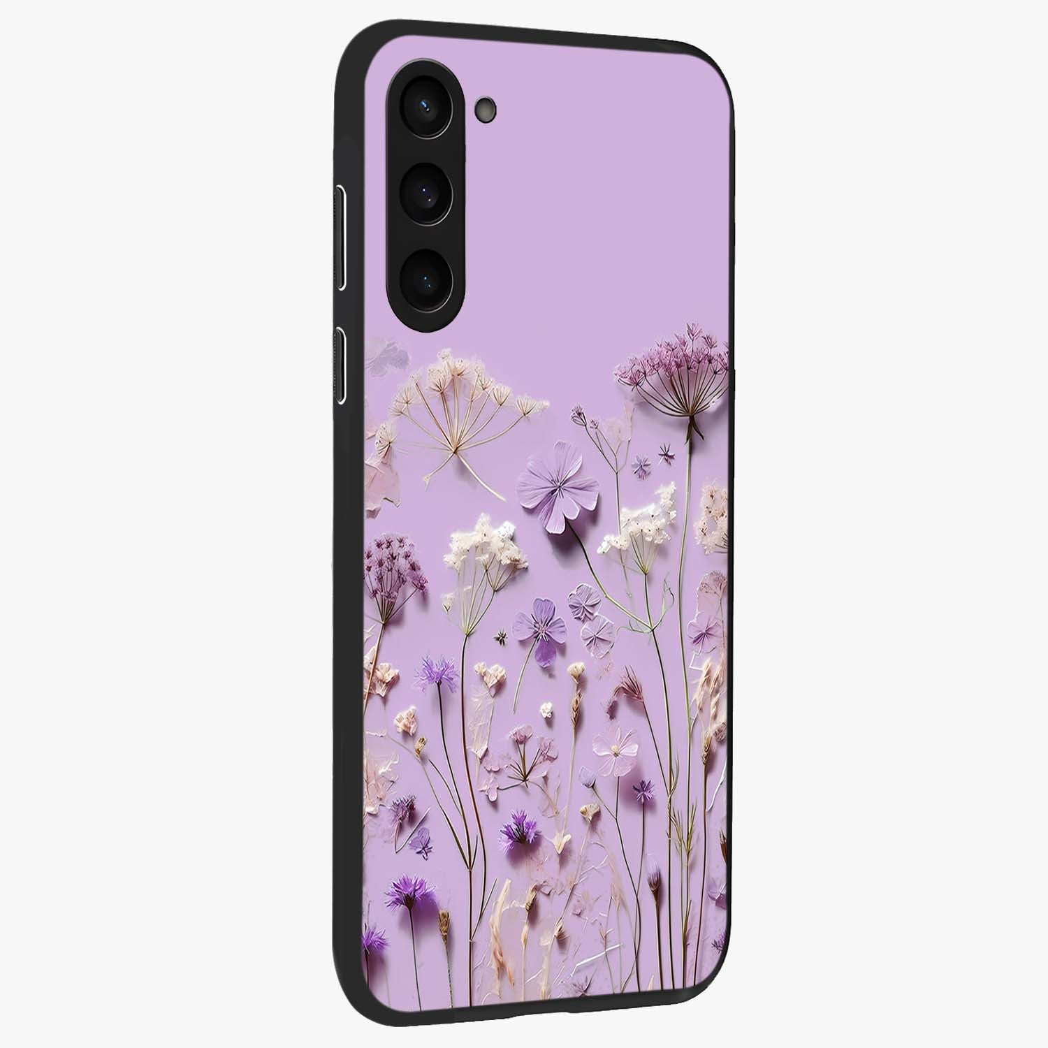 Lavender Blossom Dream Glass Case upright view showcasing delicate lavender blossom artwork with peaceful floral theme.