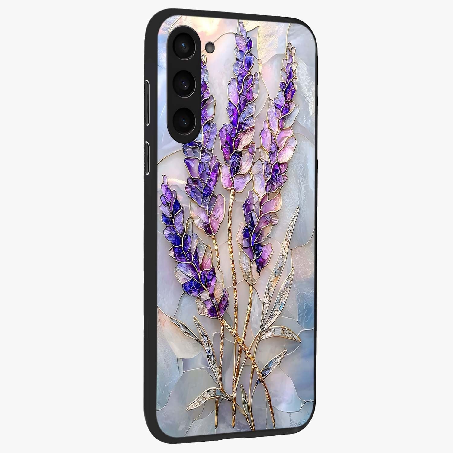 Lavender Dream Glow Glass Case upright view showcasing radiant lavender glow artwork with calming dreamy theme.