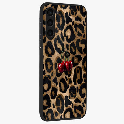 Leopard Wild Cherry Glass Case upright view showcasing stylish leopard pattern artwork with trendy fashion theme.