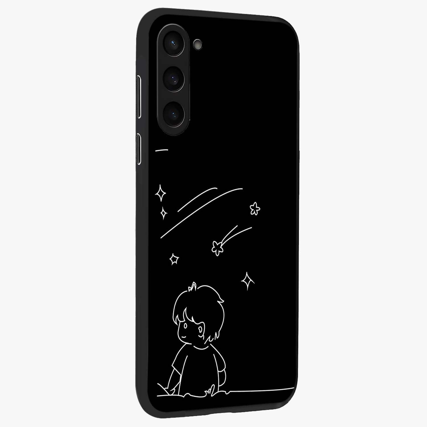 Line Art Boy With Shooting Stars Glass Case upright view showcasing artistic shooting star illustration with minimal style.
