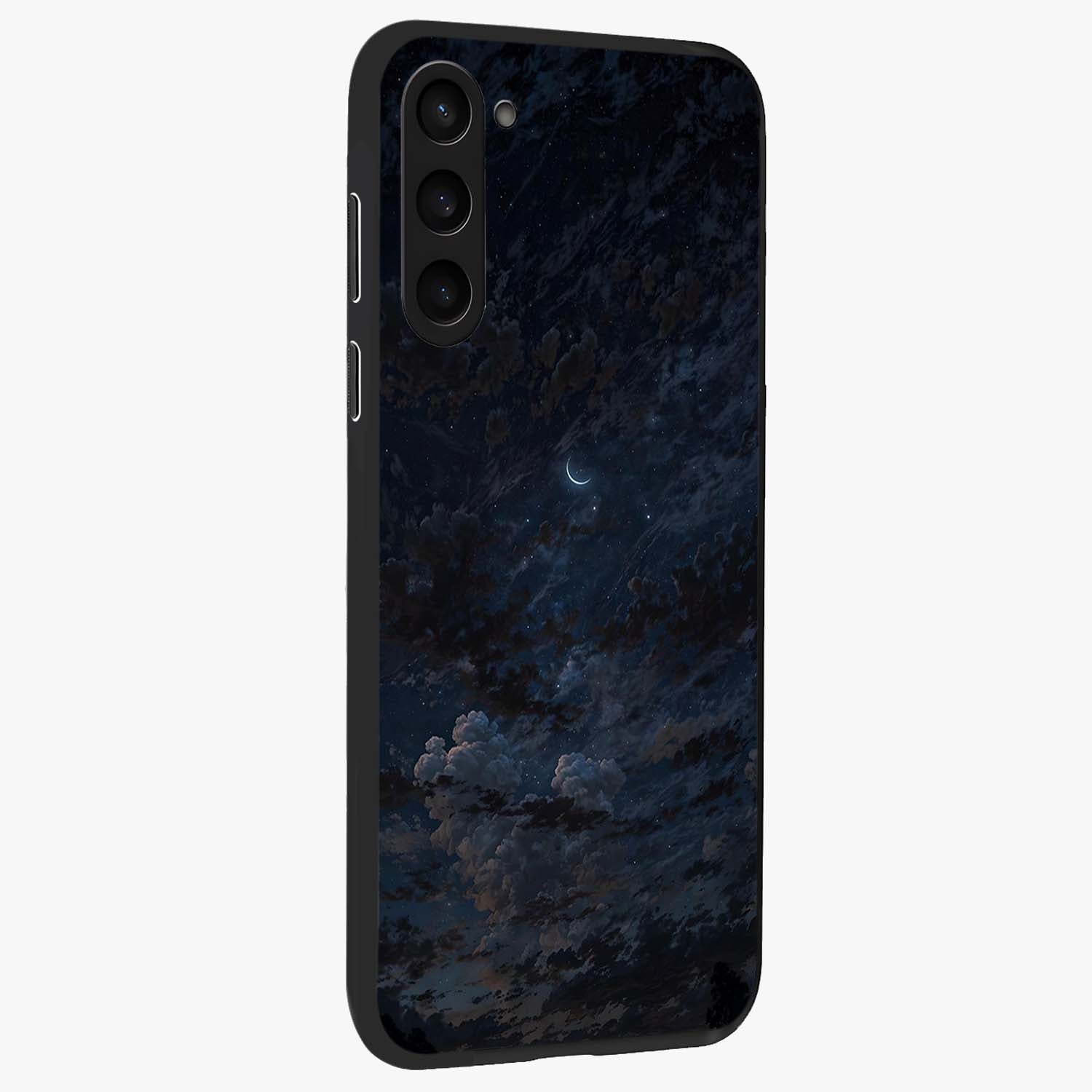 Lunar Veil Silence Glass Case upright view showcasing calm moon themed artwork with serene night atmosphere.