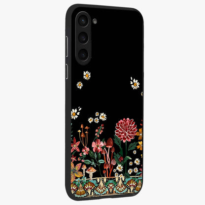Midnight Bloom Pattern Glass Case upright view showcasing decorative floral artwork with deep night themed palette.