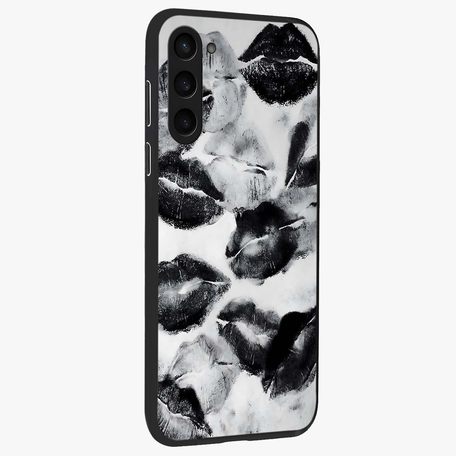 Midnight Kiss Marks Glass Case upright view showcasing stylish kiss mark artwork with trendy romantic theme.