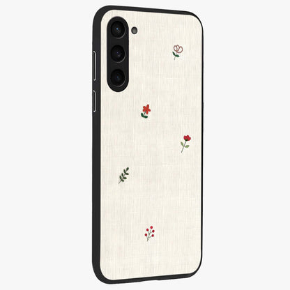 Minimalistic Blue With White Flower Pattern Glass Case upright view showcasing clean white flower artwork with calming blue theme.