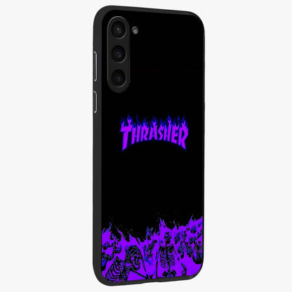 Neon Flame Riot Glass Case upright view showcasing dynamic flame artwork with energetic neon theme.