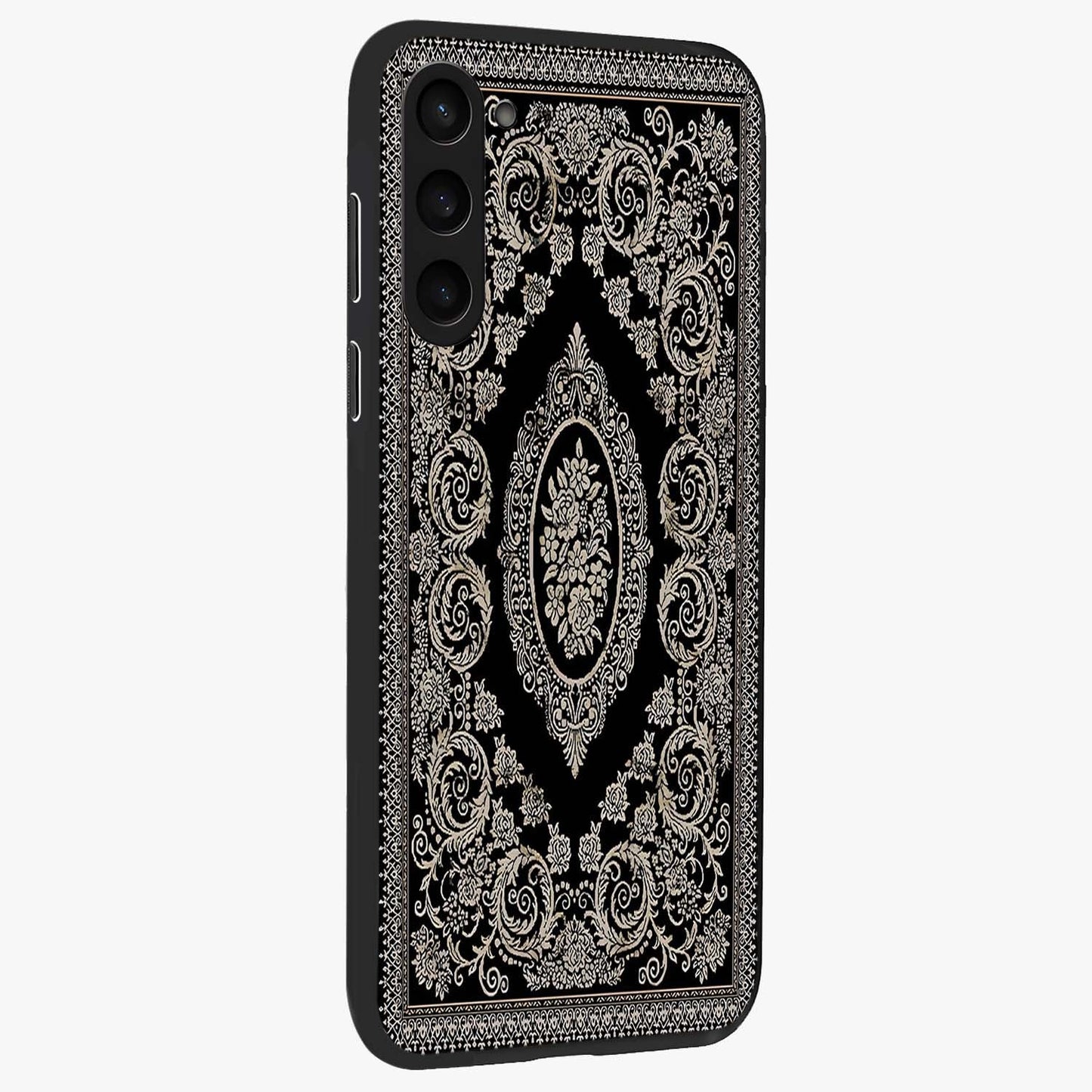 Noir Bloom Elegance Glass Case upright view showcasing graceful floral artwork with luxurious dark theme.