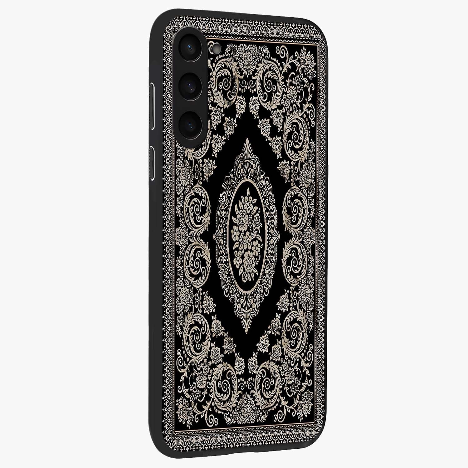 Noir Bloom Elegance Glass Case upright view showcasing graceful floral artwork with luxurious dark theme.