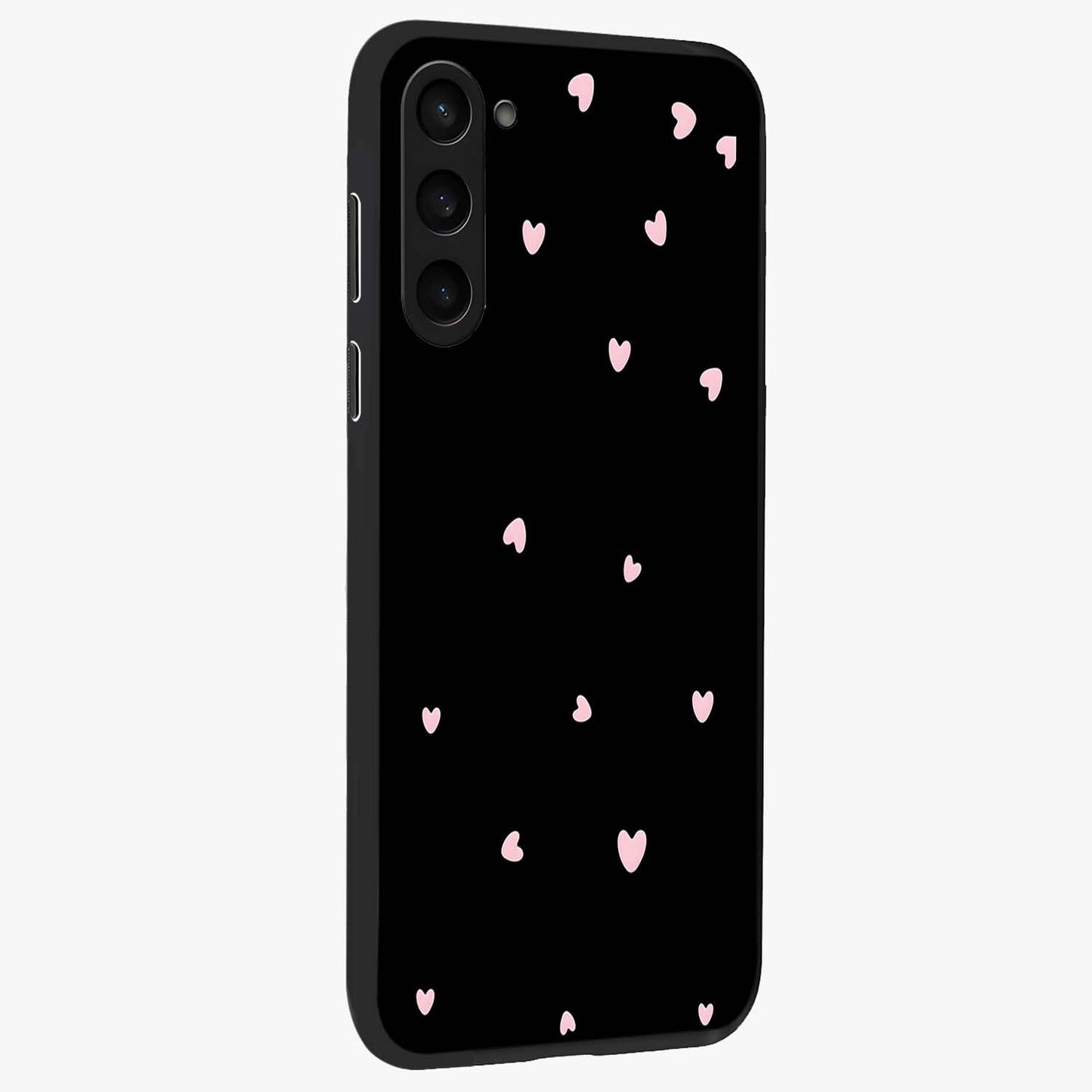 Pink Love Drops Glass Case upright view showcasing charming heart drop artwork with romantic playful theme.