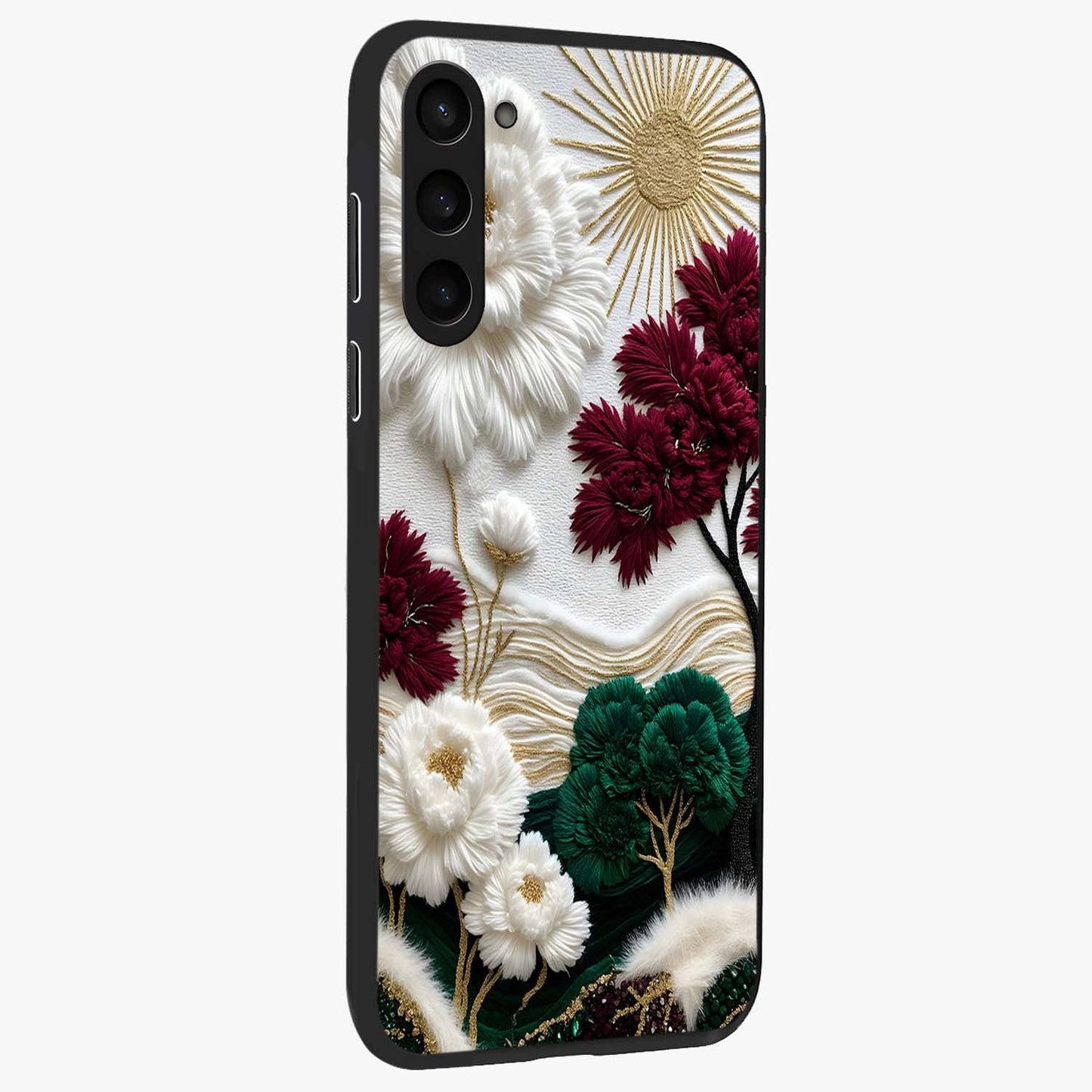 Radiant Bloom Elegance Glass Case upright view showcasing decorative flower artwork with refined botanical theme.