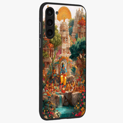 Sacred Sunlight Gods Glass Case upright view showcasing glowing divine artwork with sacred mythological theme.