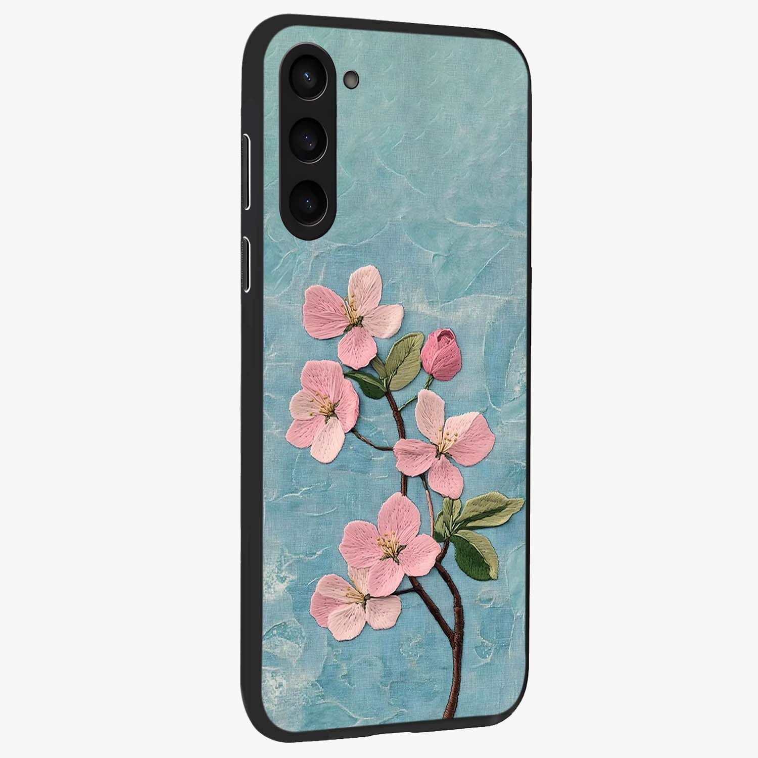 Threaded Blossom Breeze Glass Case upright view showcasing graceful flower artwork with calm botanical theme.