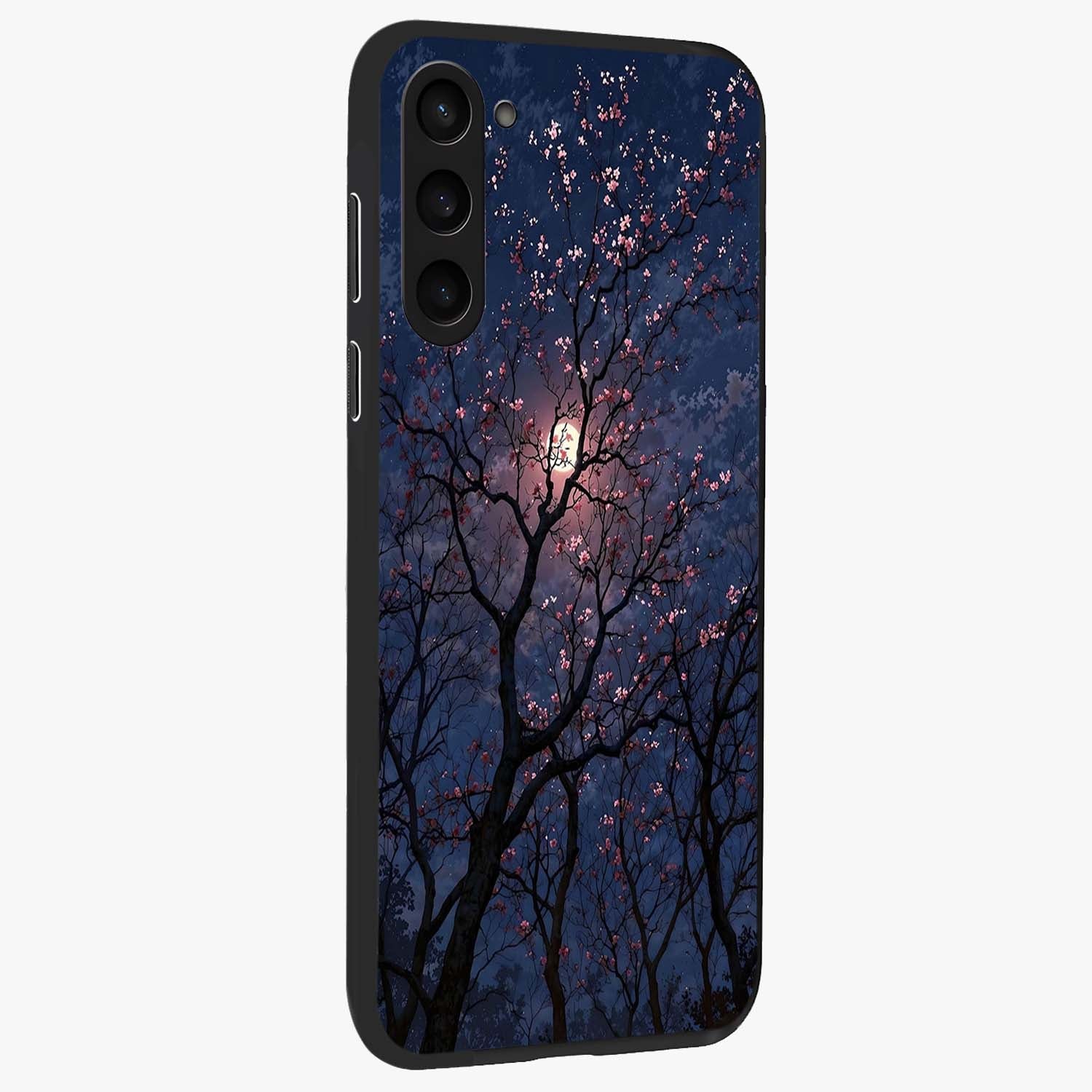 Twilight Sakura Serenade Glass Case upright view showcasing beautiful cherry blossom artwork with serene evening theme.