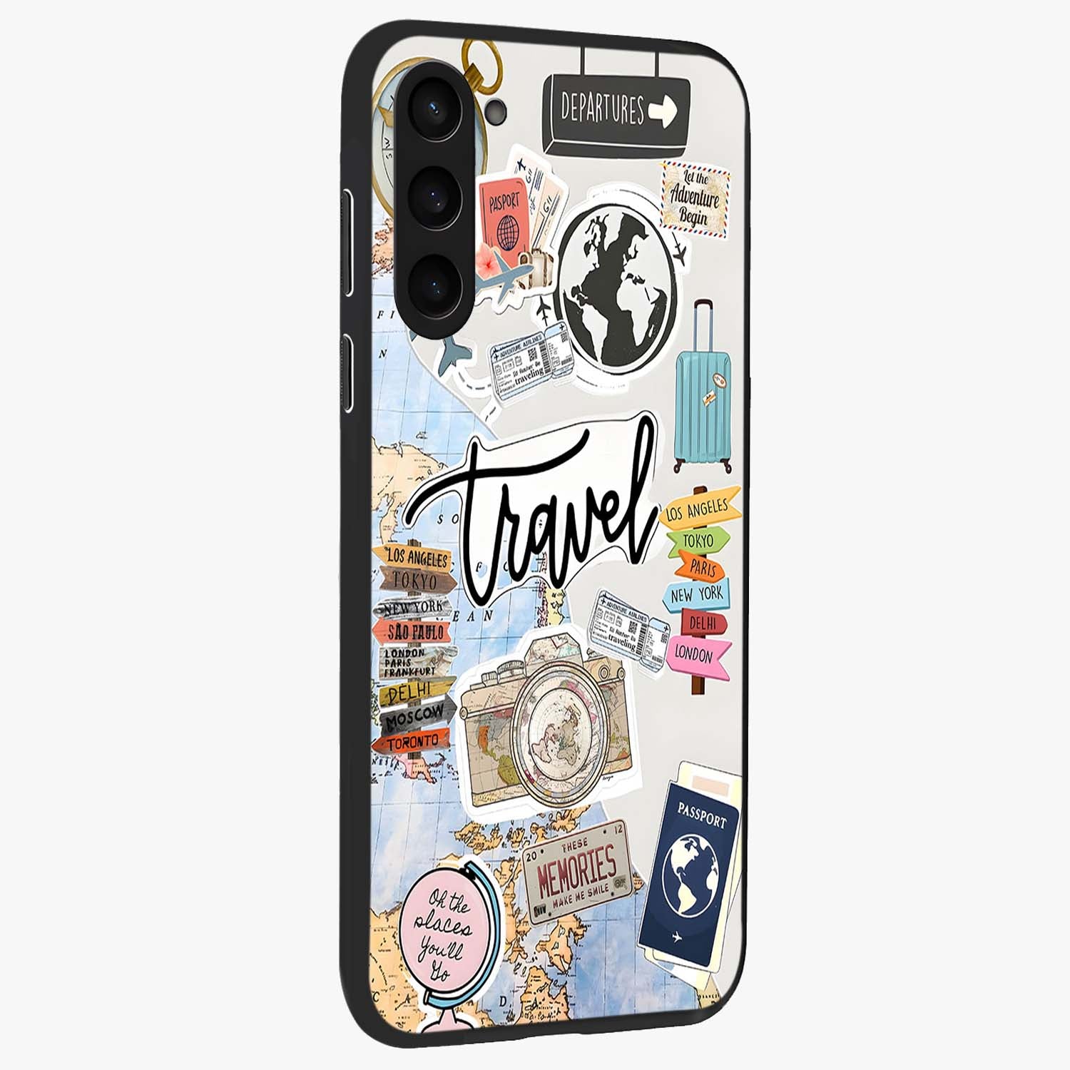 Wanderlust Journal Glass Case upright view showcasing wanderlust inspired artwork with creative exploration theme.
