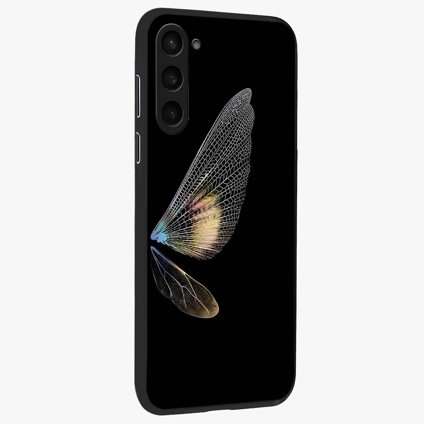 Whispers Of Wings Glass Case upright view showcasing elegant wing artwork with light airy theme.
