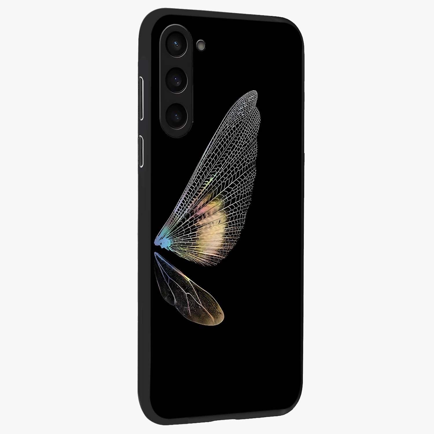 Whispers Of Wings Glass Case upright view showcasing elegant wing artwork with light airy theme.