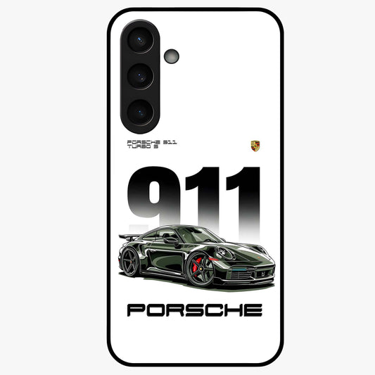 911 Turbo Dominance Glass Case showing clean flat back view with bold 911 sports car artwork and glossy glass finish.