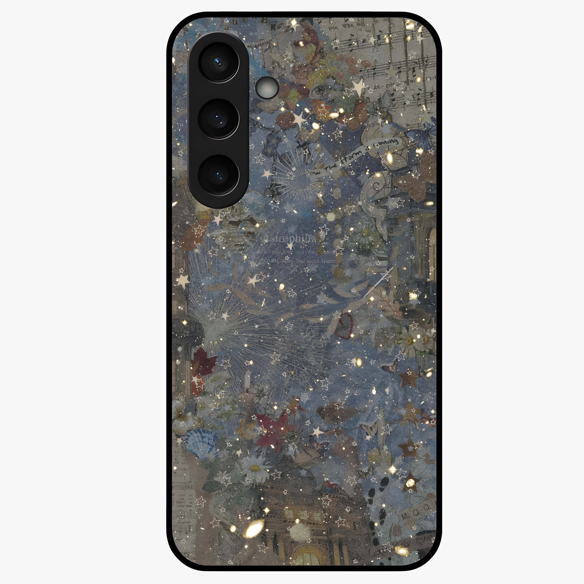 Aesthetic Astrolophia Glass Case showing flat back view with dreamy aesthetic design and glossy glass finish.