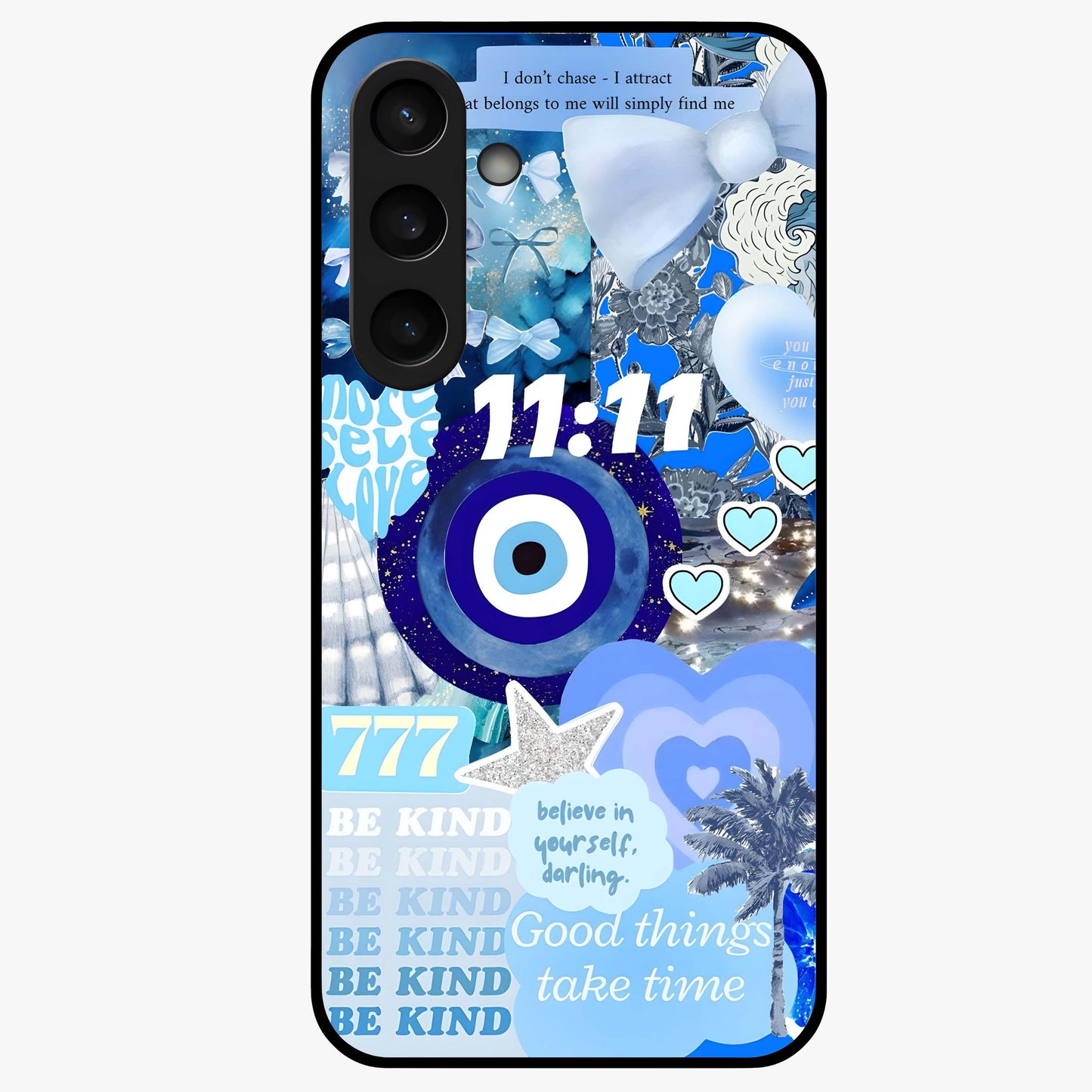 Aesthetic Be Kind Eye Glass Case showing flat back view with motivational eye artwork and glossy glass finish.