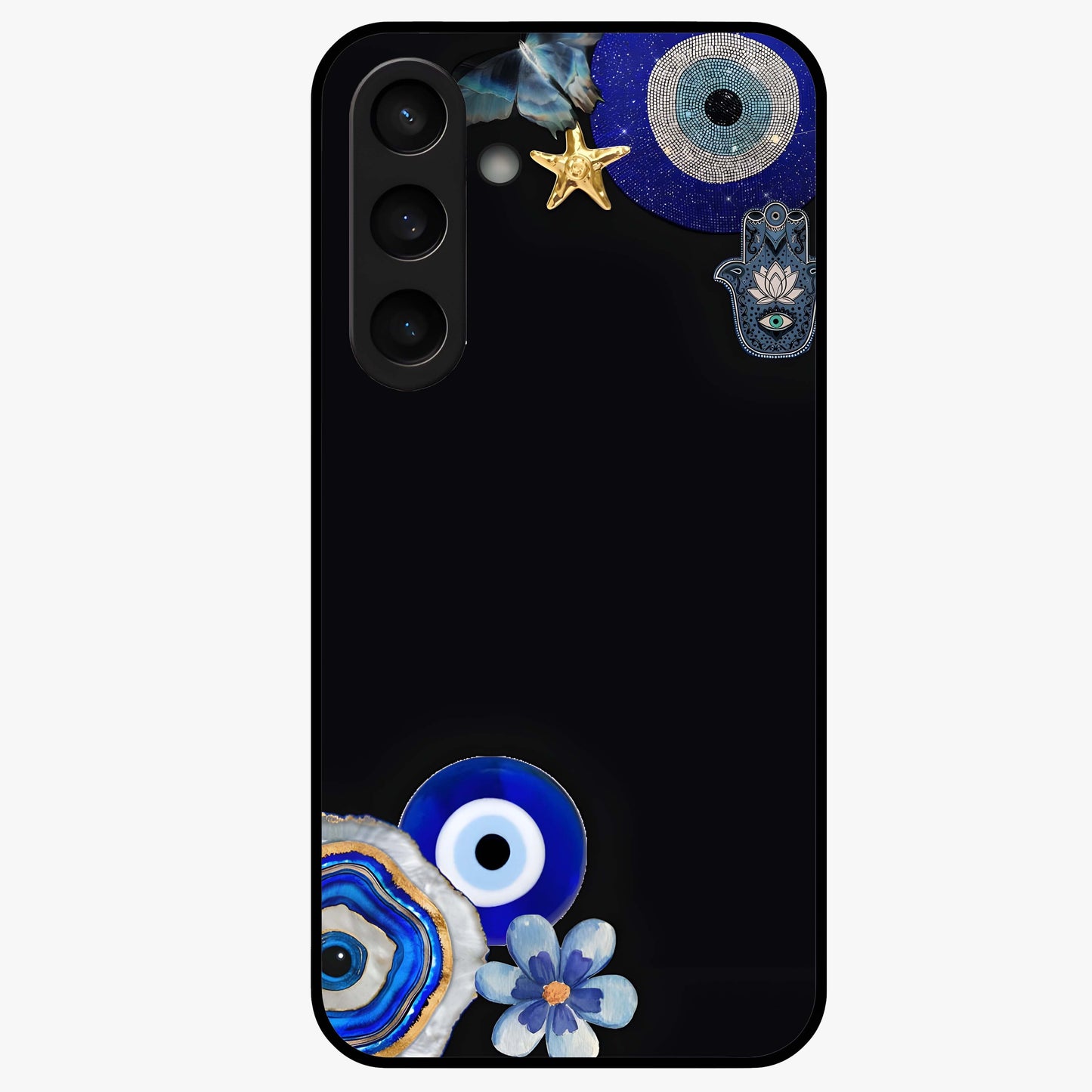 Aesthetic Blue Evil Eye Glass Case showing flat back view with protective evil eye artwork and glossy glass finish.